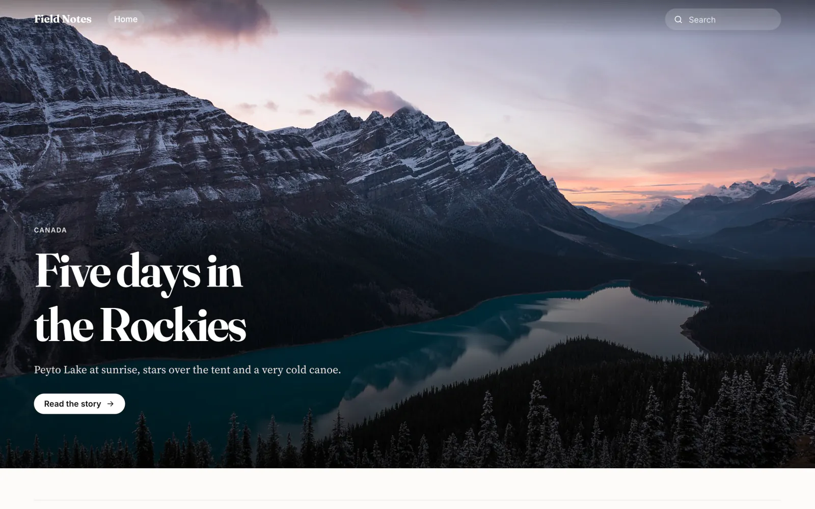 A travel blog published with Stavo, with a large mountain lake photo and a serif headline.