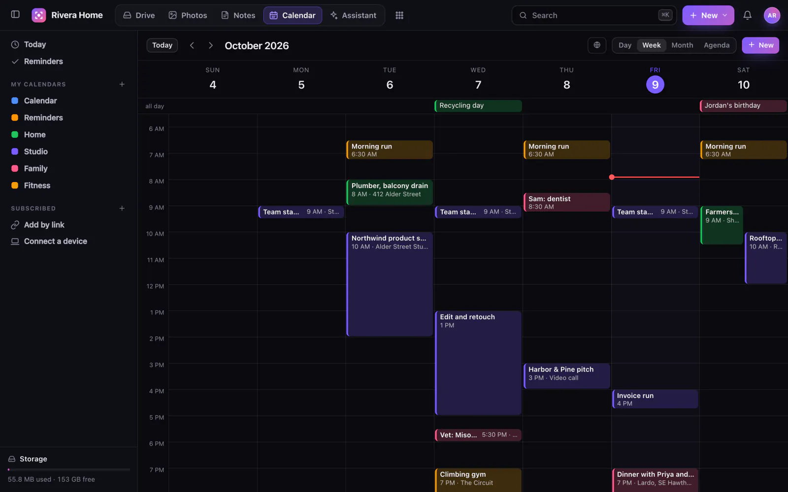 A week in Stavo Calendar with color coded calendars for home, studio and family.