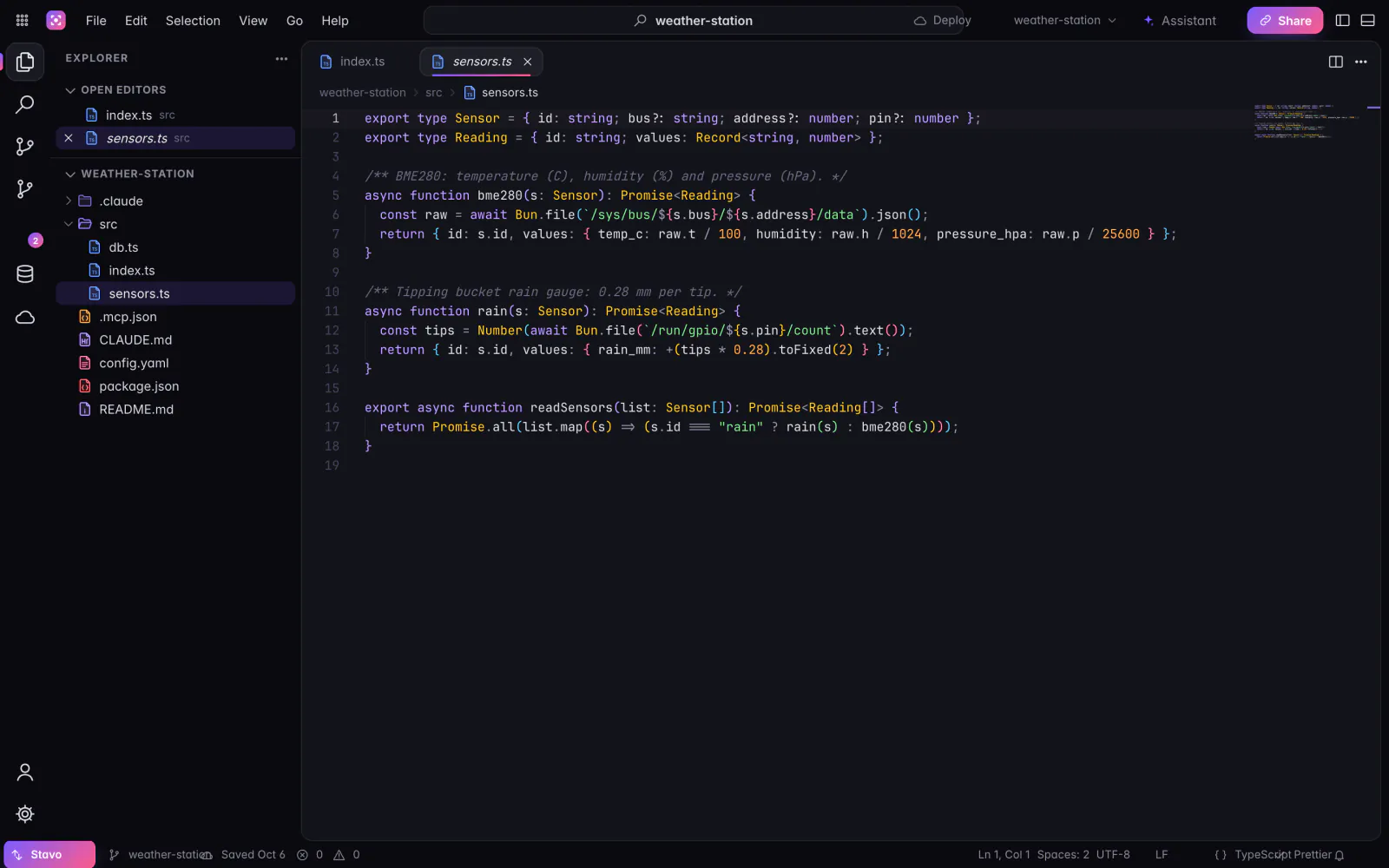 The Stavo code editor with a file tree on the left and a TypeScript file open.