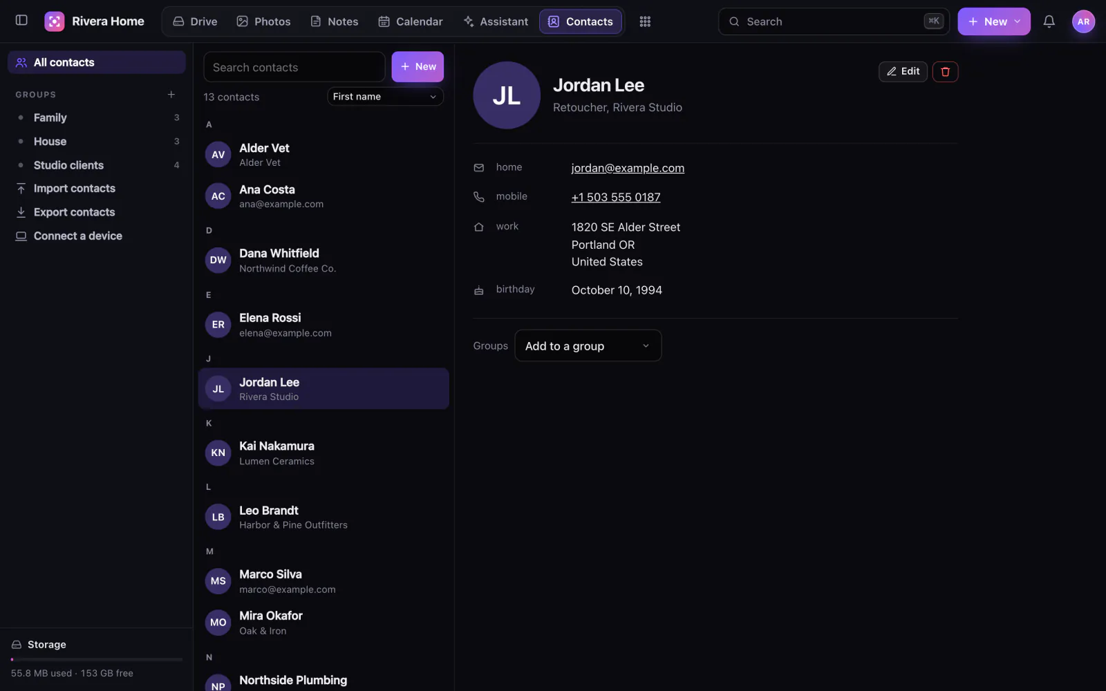 Stavo Contacts with a list of people and a contact card.