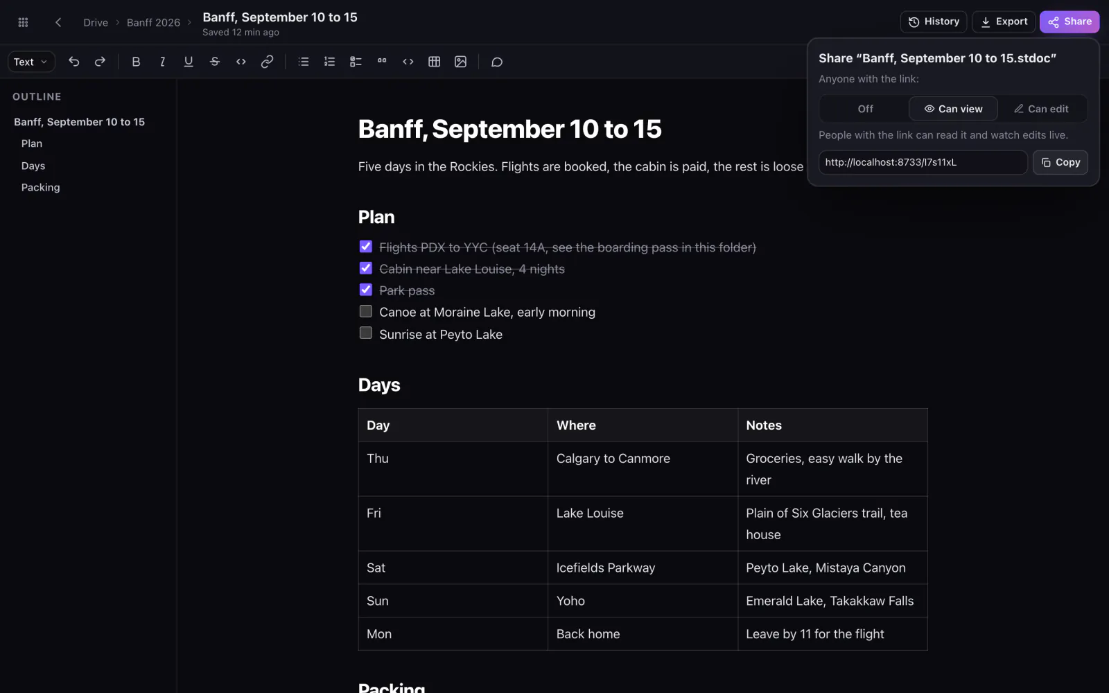 A trip plan open in Stavo Docs with a checklist and a table, and the share popover offering view or edit links.