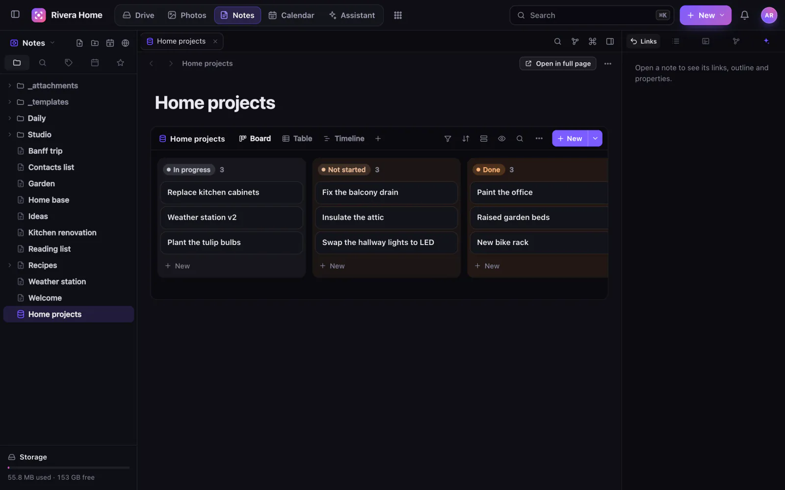 A notes database with rows, properties and a board view.