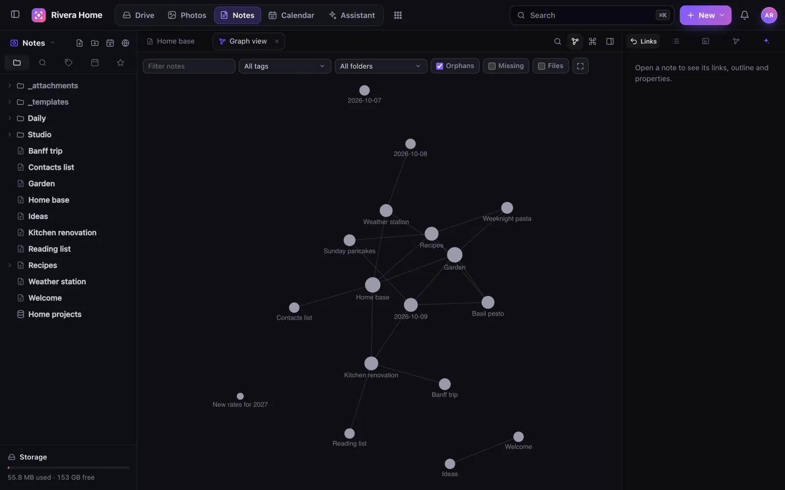 The graph view in Stavo Notes: notes as dots connected by their links.