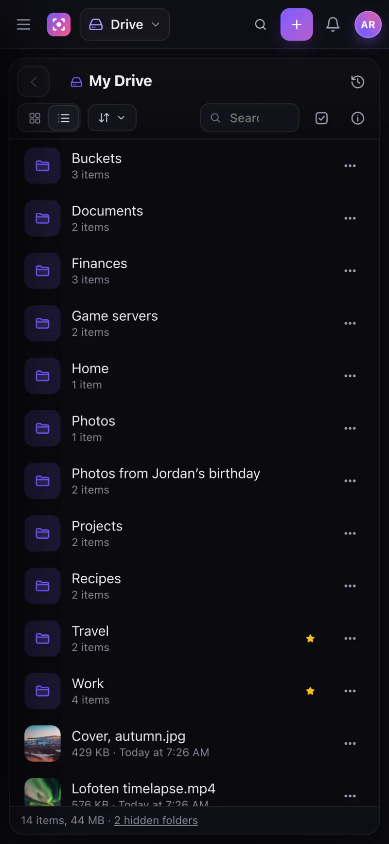 Stavo Drive on a phone-sized screen with a list of folders.