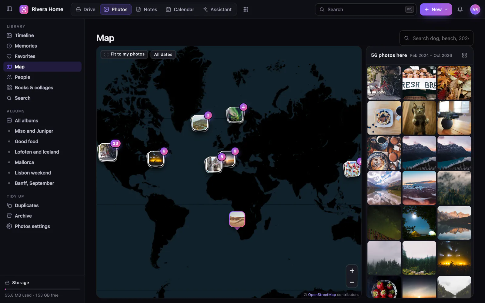 A map with clusters of photos over several places.