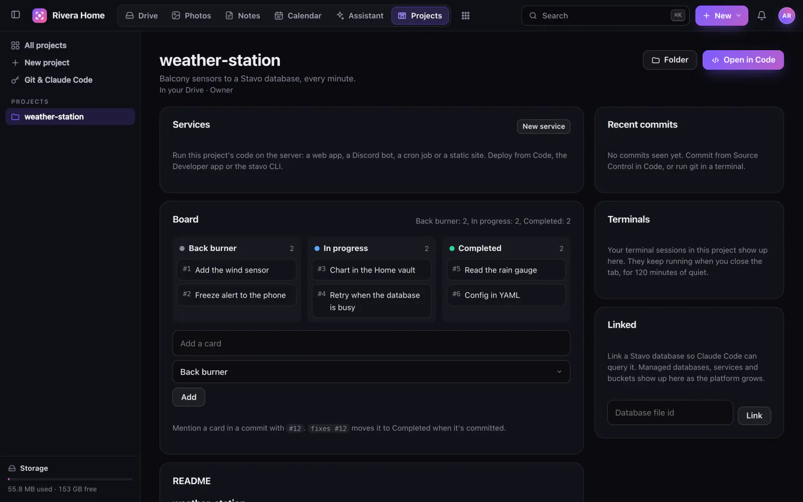 A project page with a task board, services, recent commits and terminals.