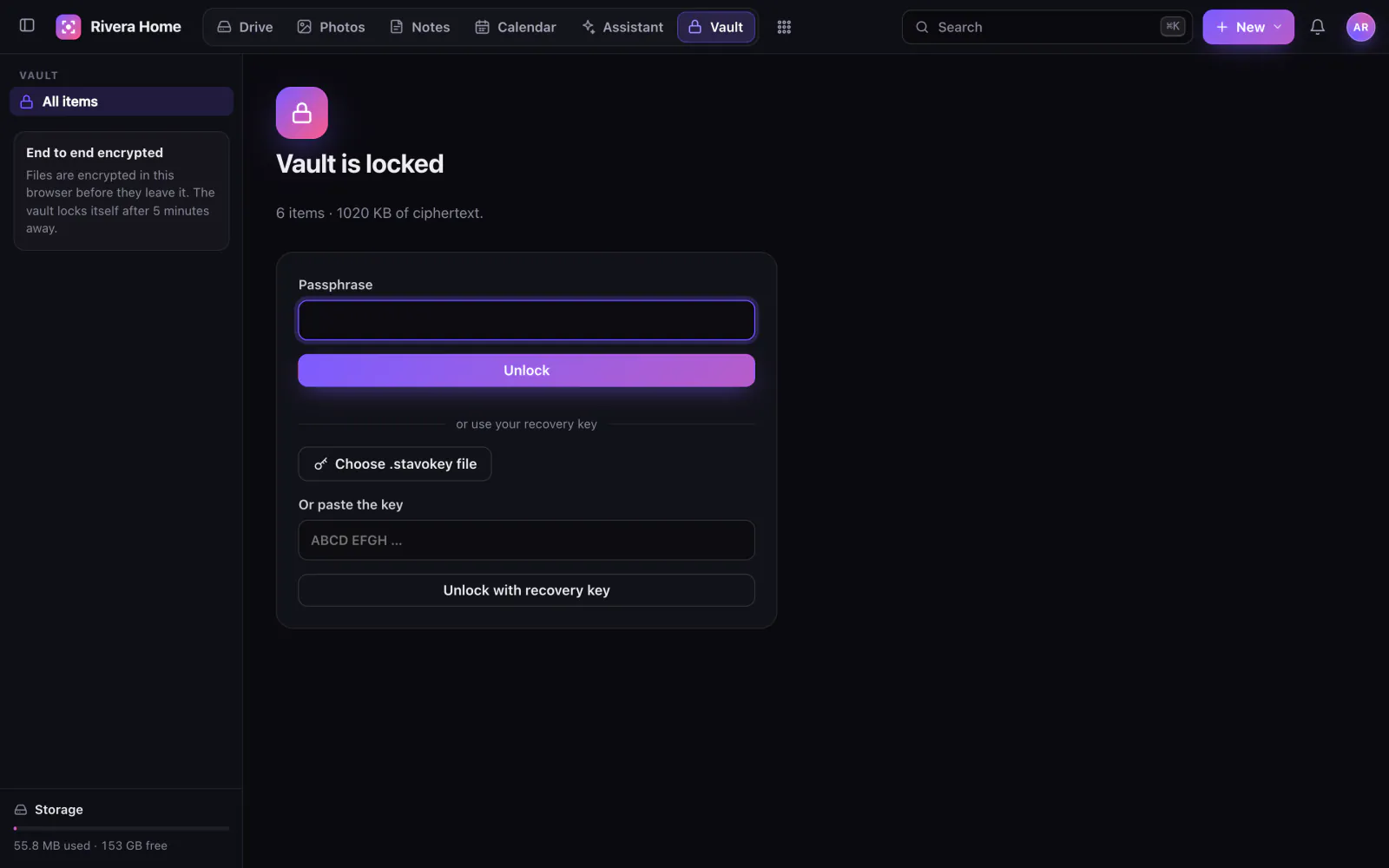 The locked Vault asking for a passphrase, with six items stored as ciphertext.